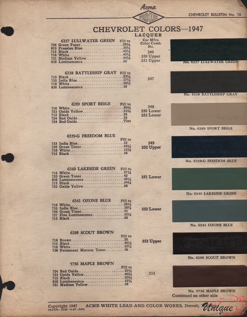 1947 Chev Paint Charts Acme 1
